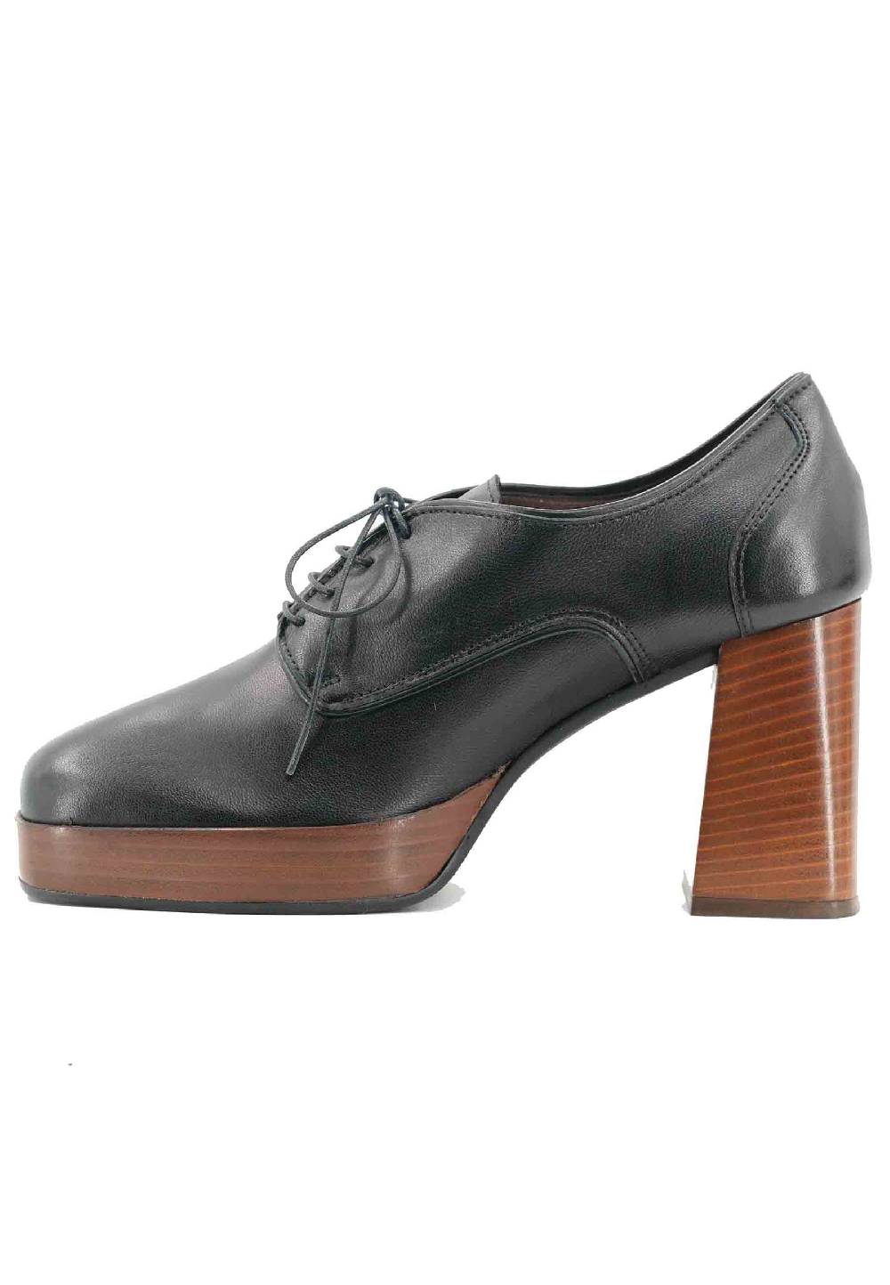L'ARIANNA Stringate AL1700 In Pelle Nera Con Tacco E Plateau In Cuoio
