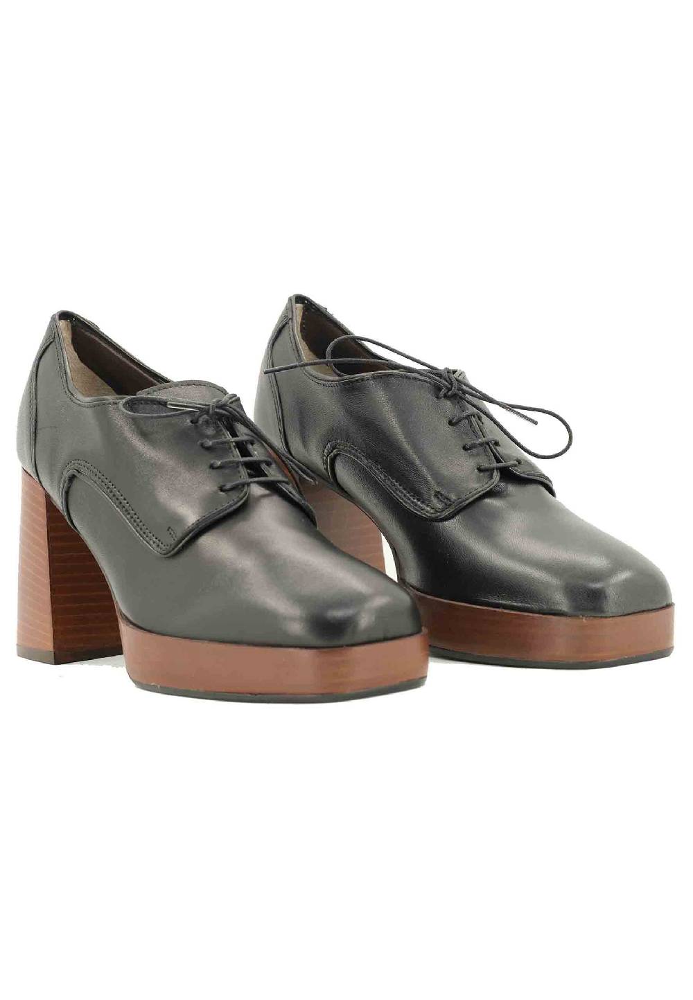 L'ARIANNA Stringate AL1700 In Pelle Nera Con Tacco E Plateau In Cuoio