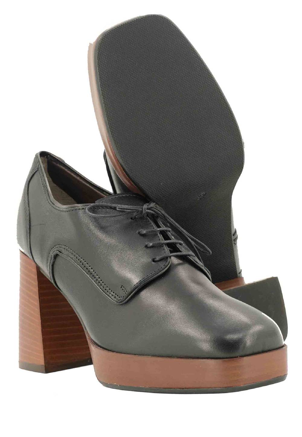 L'ARIANNA Stringate AL1700 In Pelle Nera Con Tacco E Plateau In Cuoio