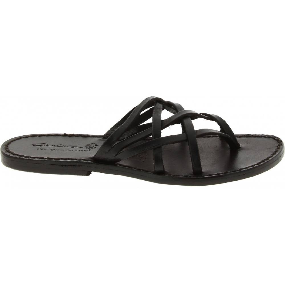 Lartigiano Del Cuoio Ciabatte Da Donna Fatte A Mano In Pelle Intrecciata Nero Con Suola In Cuoio