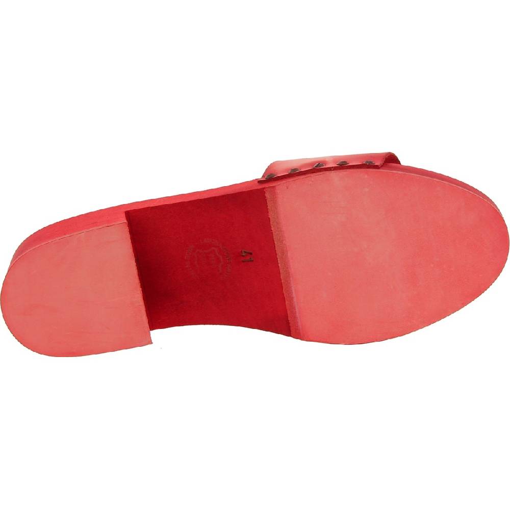 Lartigiano Del Cuoio Ciabatte In Legno Rosso Con Fascia In Pelle Artigianali