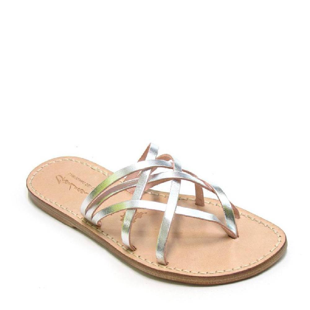 Lartigiano Del Cuoio Ciabatte Infradito Donna Fatti A Mano In Pelle Intrecciata Color Argento