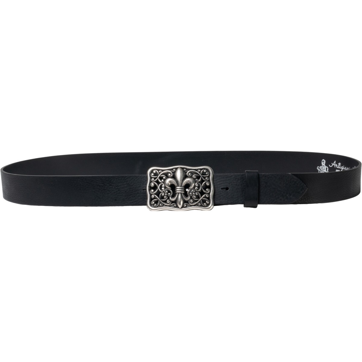 Lartigiano Del Cuoio Cintura Artigianale In Cuoio Nero Con Fibbia Giglio Fiorentino