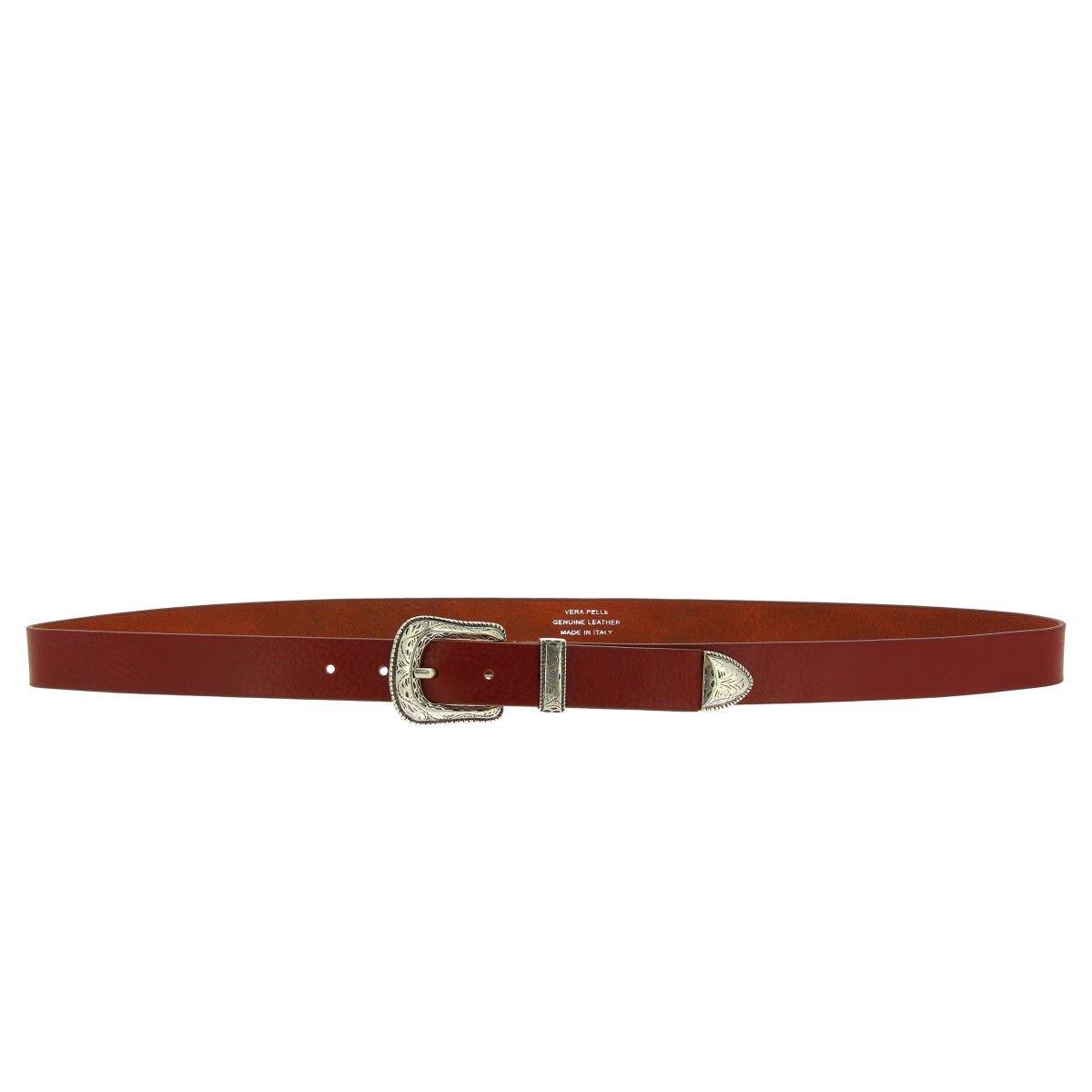 Lartigiano Del Cuoio Cintura In Pelle Marrone Con Fibbia E Puntale In Metallo Inciso