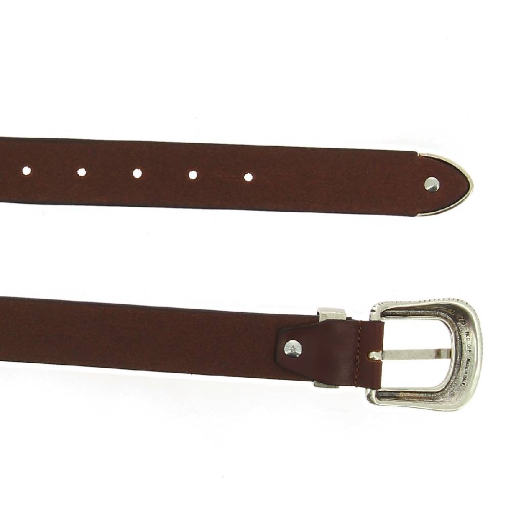 Lartigiano Del Cuoio Cintura In Pelle Marrone Scuro Con Fibbia E Puntale In Metallo Inciso