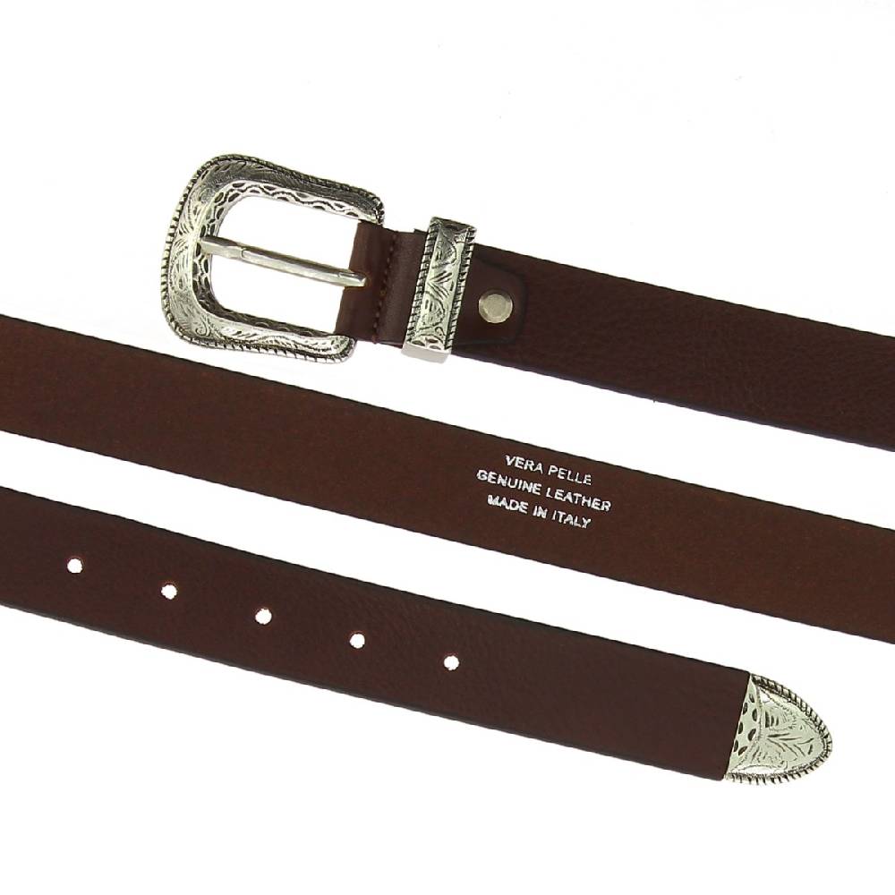 Lartigiano Del Cuoio Cintura In Pelle Marrone Scuro Con Fibbia E Puntale In Metallo Inciso