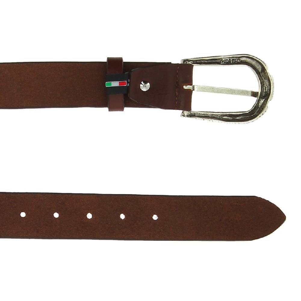 Lartigiano Del Cuoio Cintura In Pelle Marrone Scuro Con Fibbia Squamata In Metallo