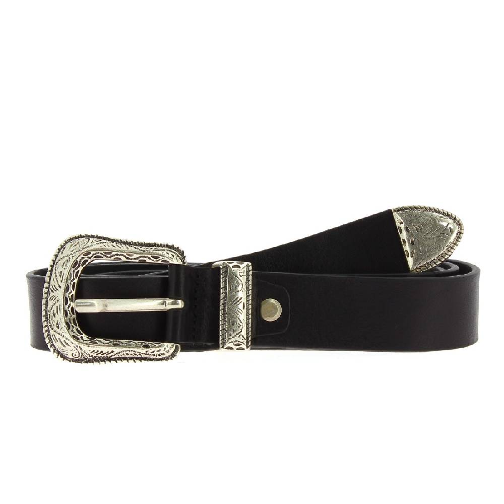 Lartigiano Del Cuoio Cintura In Pelle Nero Con Fibbia E Puntale In Metallo Inciso