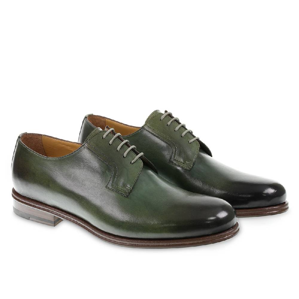 Lartigiano Del Cuoio Derby Liscia In Pelle Di Vacchetta Verde Tinta A Mano - Fratelli Borgioli - Artigianalità Italiana