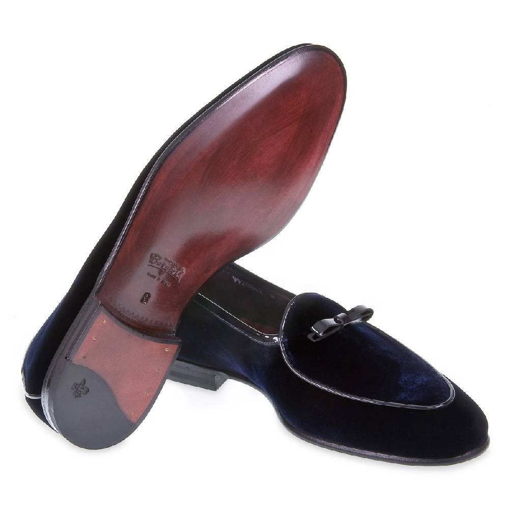 Lartigiano Del Cuoio Mocassino Belga In Velluto Blu Scuro E Vernice Fatto A Mano Da Fratelli Borgioli