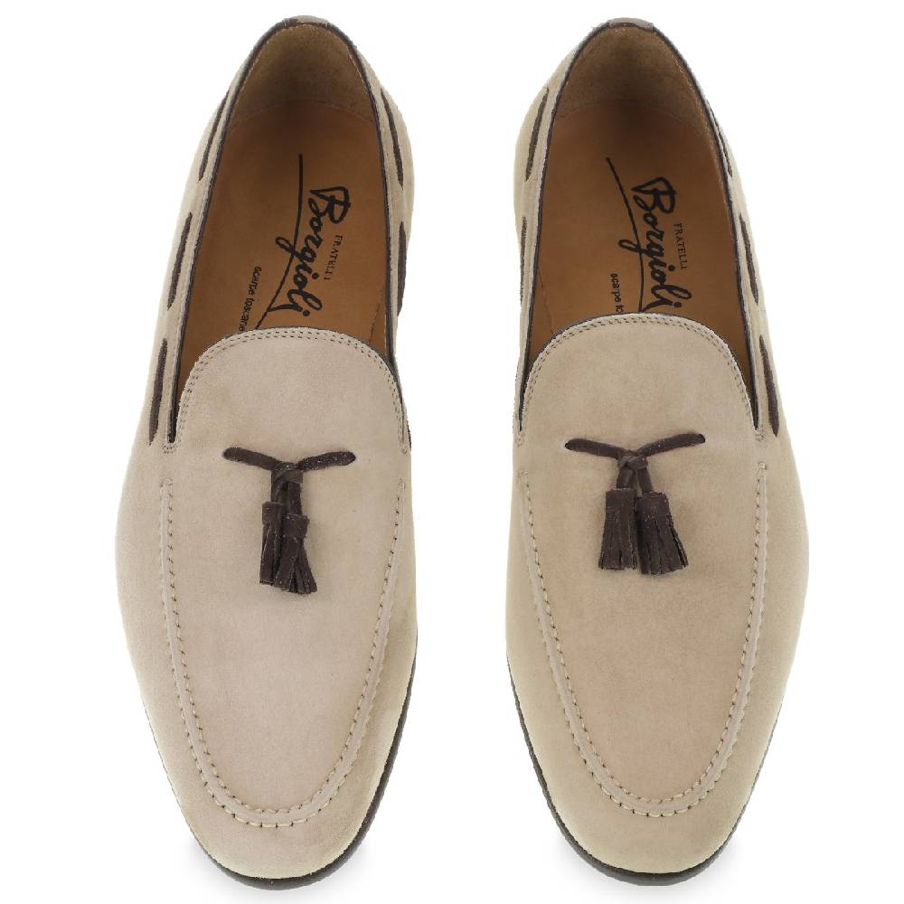 Lartigiano Del Cuoio Mocassino Con Nappine In Pelle Di Camoscio Beige Fatto A Mano Da Fratelli Borgioli