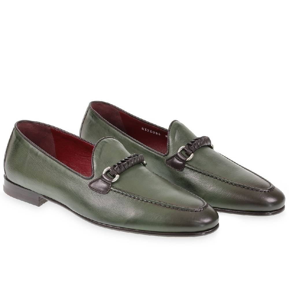 Lartigiano Del Cuoio Mocassino Da Uomo In Pelle Verde Con Passante Intrecciato