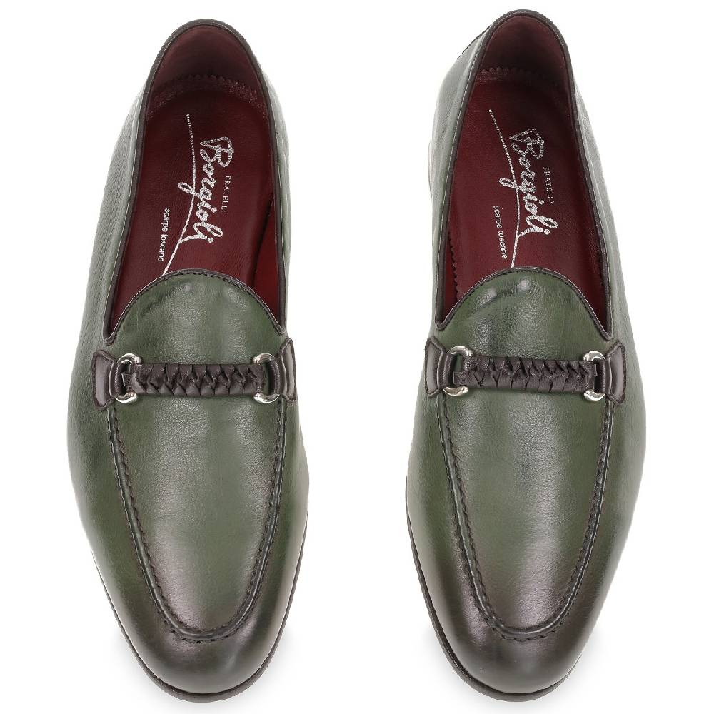 Lartigiano Del Cuoio Mocassino Da Uomo In Pelle Verde Con Passante Intrecciato