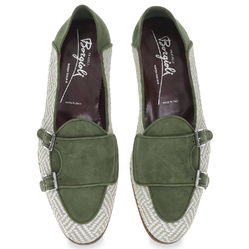 Lartigiano Del Cuoio Mocassino Doppia Fibbia In Camoscio Verde E Tessuto Intrecciato - Fratelli Borgioli