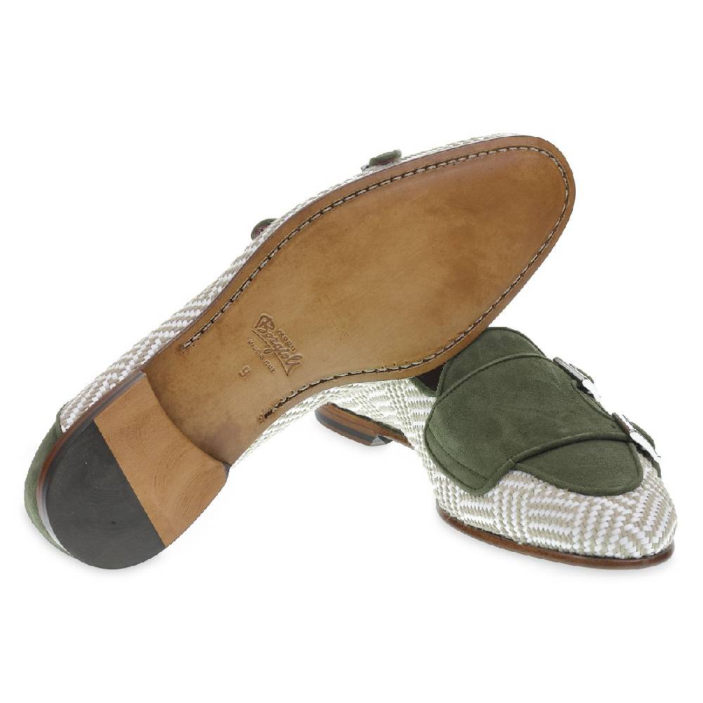 Lartigiano Del Cuoio Mocassino Doppia Fibbia In Camoscio Verde E Tessuto Intrecciato - Fratelli Borgioli