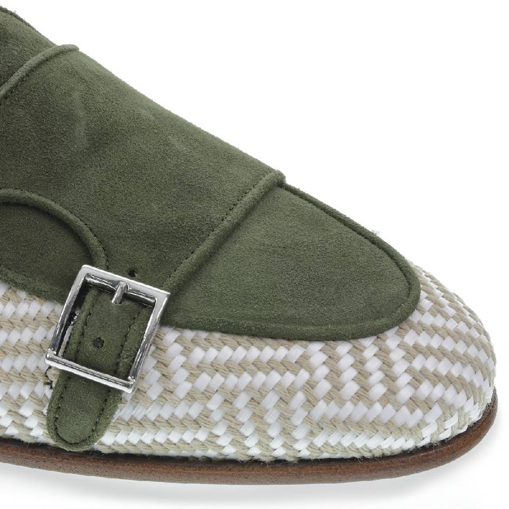 Lartigiano Del Cuoio Mocassino Doppia Fibbia In Camoscio Verde E Tessuto Intrecciato - Fratelli Borgioli