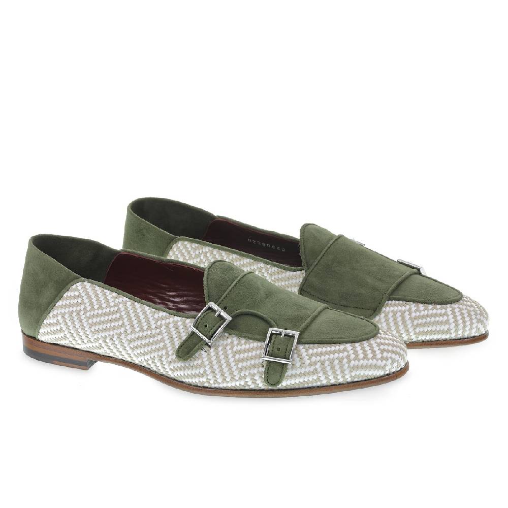 Lartigiano Del Cuoio Mocassino doppia fibbia in camoscio verde e tessuto intrecciato - Fratelli Borgioli