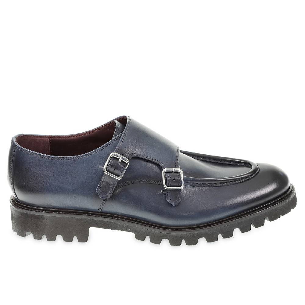 Lartigiano Del Cuoio Mocassino Doppia Fibbia In Vitello Anticato Blu Realizzato A Mano Da Fratelli Borgioli