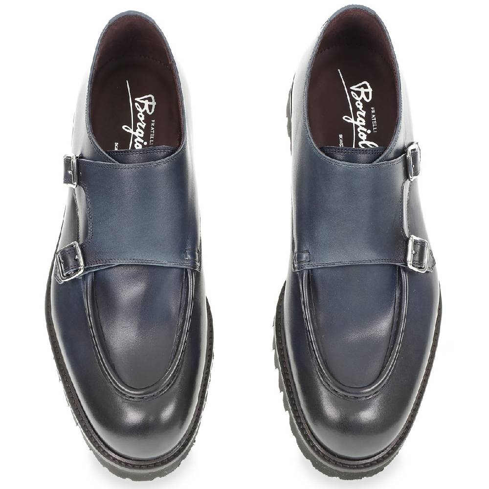 Lartigiano Del Cuoio Mocassino Doppia Fibbia In Vitello Anticato Blu Realizzato A Mano Da Fratelli Borgioli