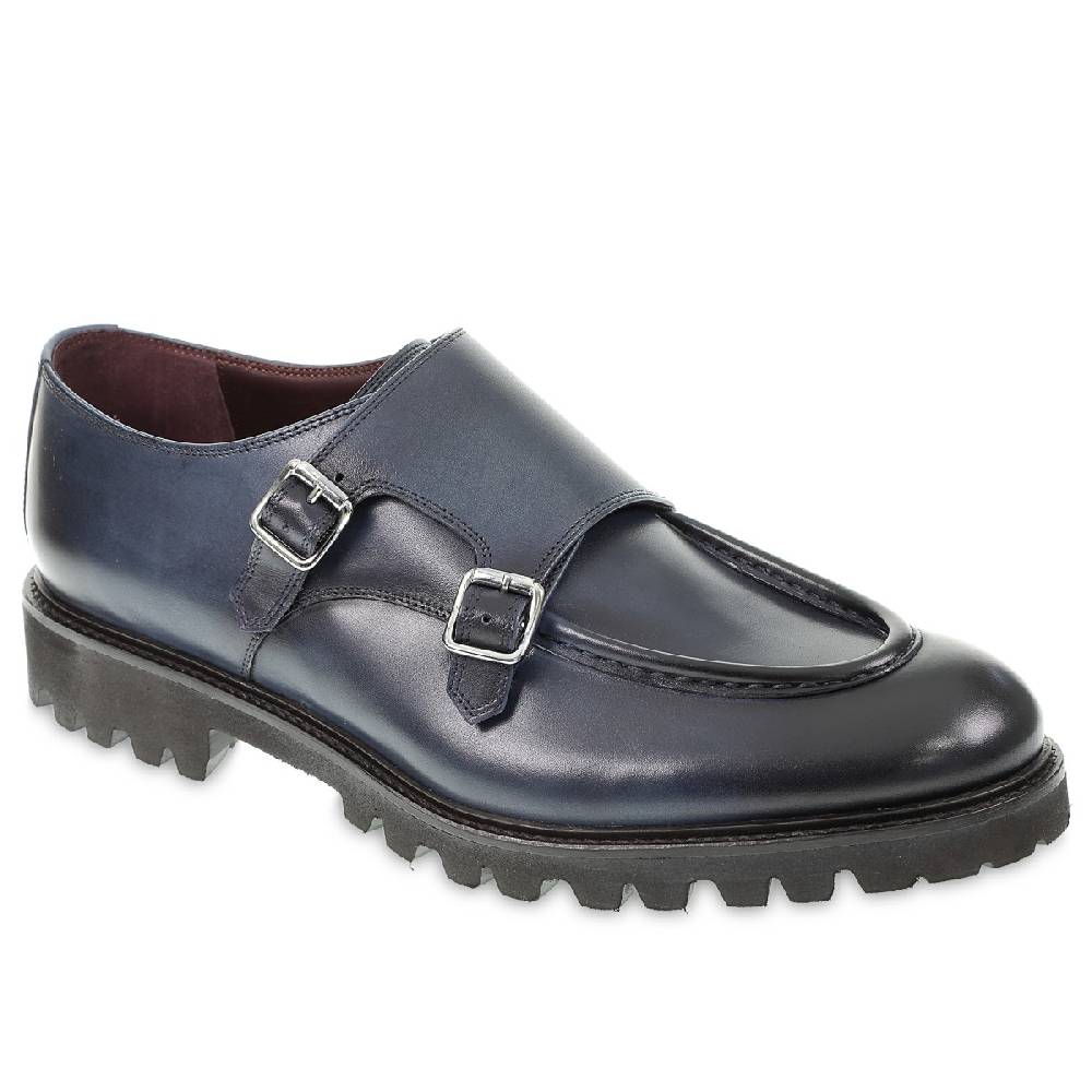 Lartigiano Del Cuoio Mocassino Doppia Fibbia In Vitello Anticato Blu Realizzato A Mano Da Fratelli Borgioli