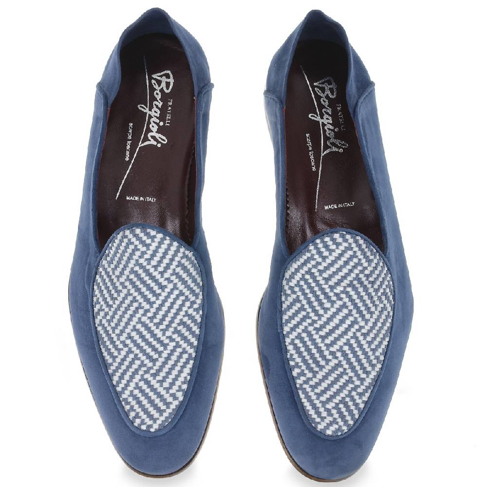 Lartigiano Del Cuoio Mocassino In Camoscio Azzurro E Tessuto Intrecciato Fatto A Mano