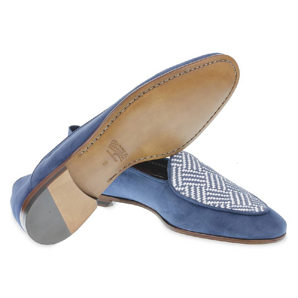 Lartigiano Del Cuoio Mocassino In Camoscio Azzurro E Tessuto Intrecciato Fatto A Mano
