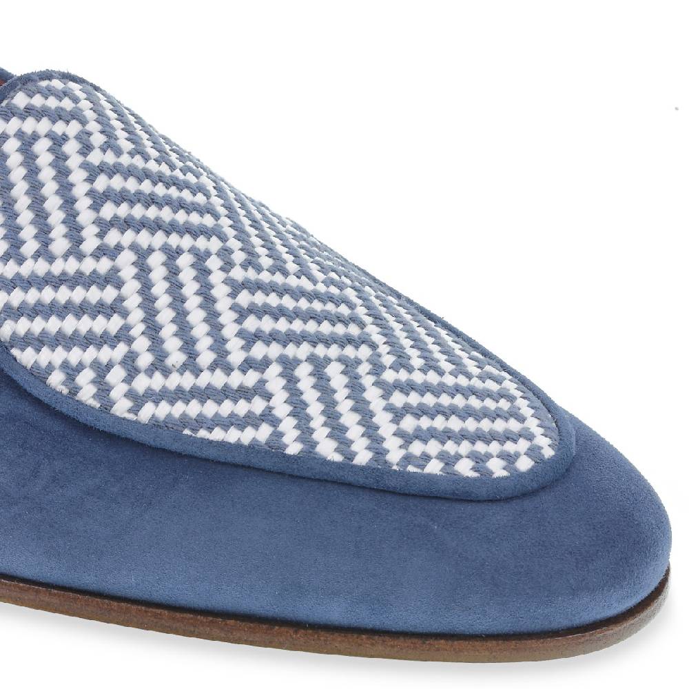 Lartigiano Del Cuoio Mocassino In Camoscio Azzurro E Tessuto Intrecciato Fatto A Mano