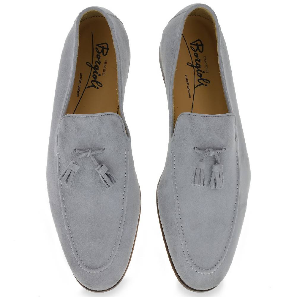 Lartigiano Del Cuoio Mocassino In Camoscio Grigio Con Nappine Fatto A Mano Da Fratelli Borgioli