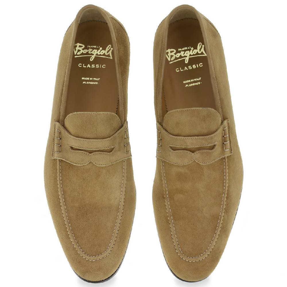 Lartigiano Del Cuoio Mocassino Penny In Camoscio Beige Realizzato A Mano Da Fratelli Borgioli