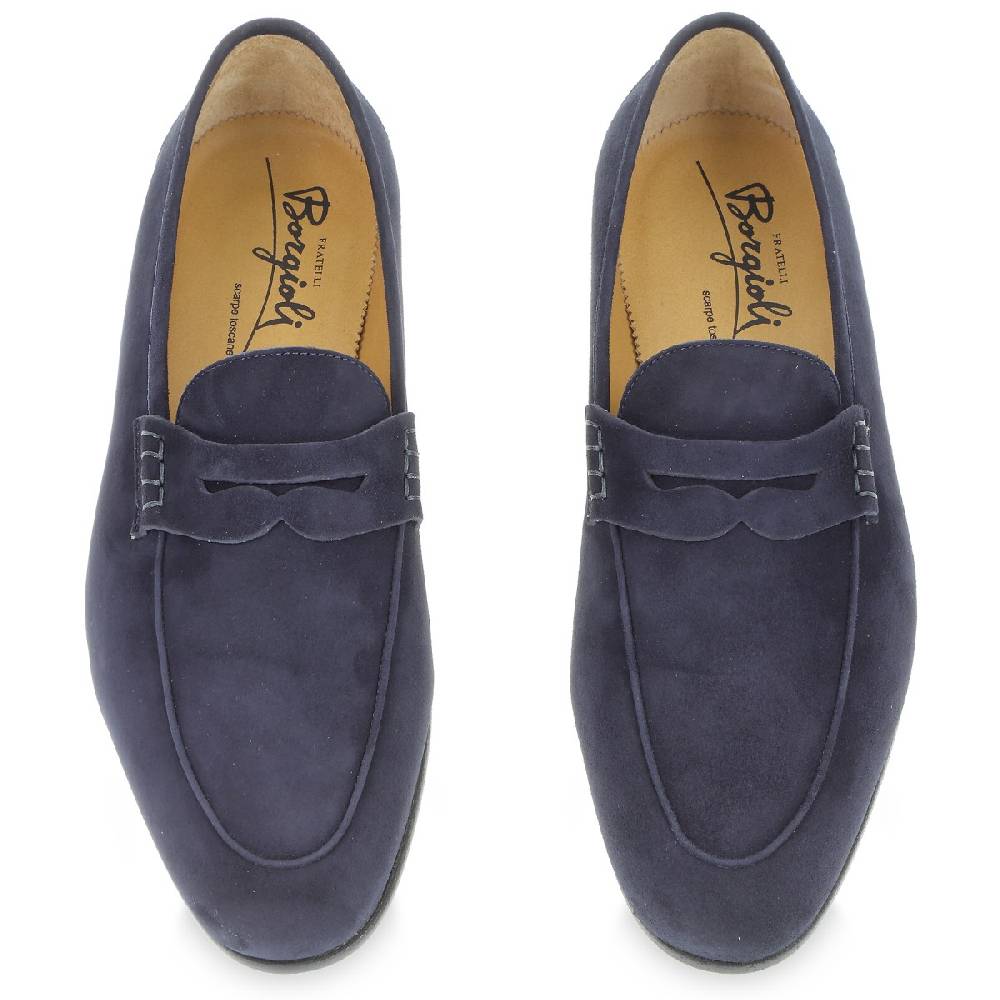 Lartigiano Del Cuoio Mocassino Penny In Camoscio Blu Fatto A Mano Da Fratelli Borgioli