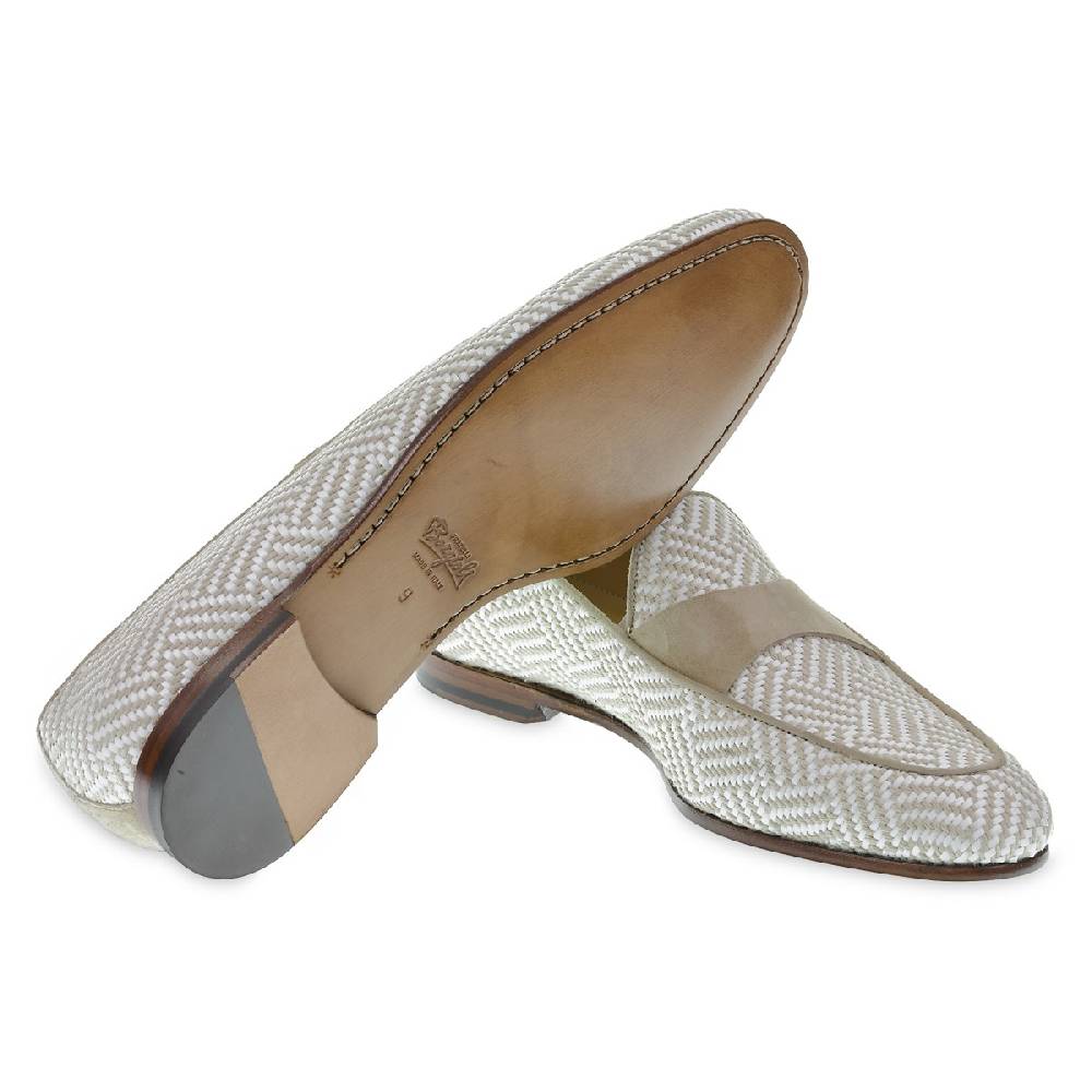Lartigiano Del Cuoio Mocassino Penny In Camoscio E Tessuto Intrecciato Bianco E Beige