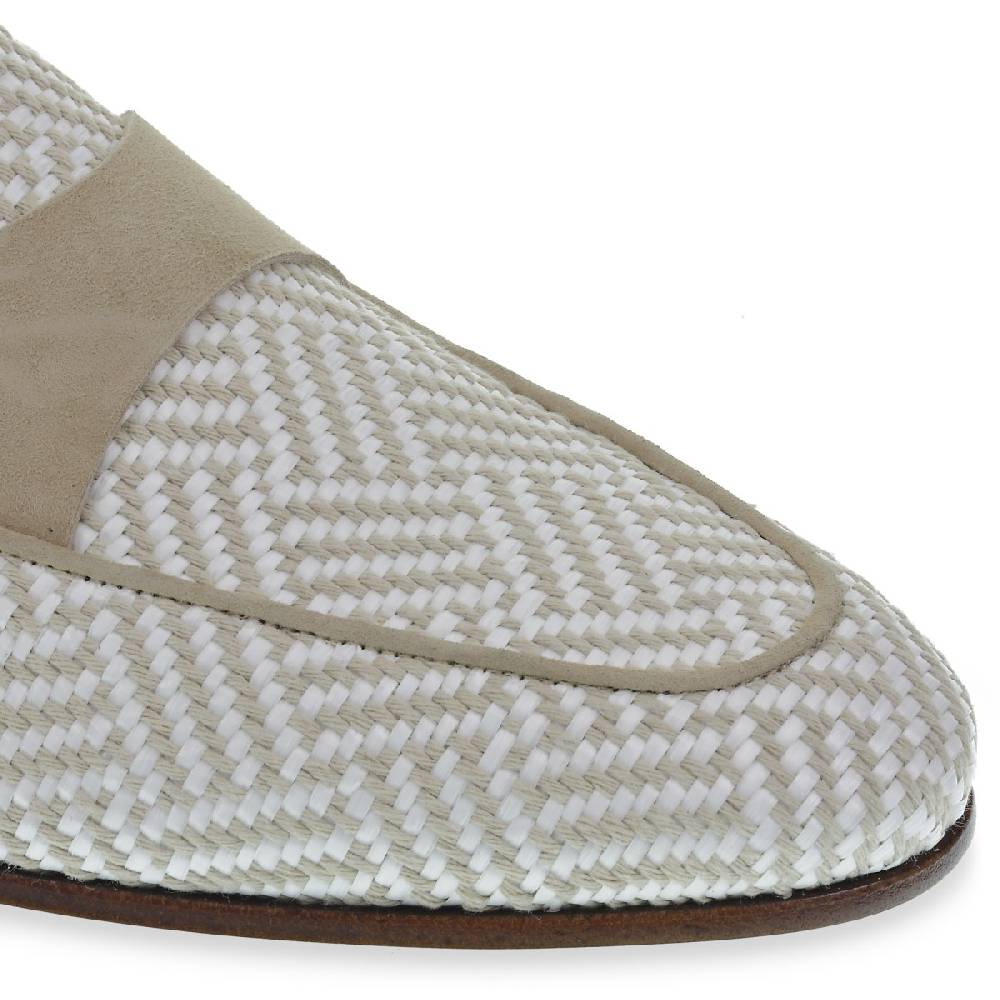 Lartigiano Del Cuoio Mocassino Penny In Camoscio E Tessuto Intrecciato Bianco E Beige