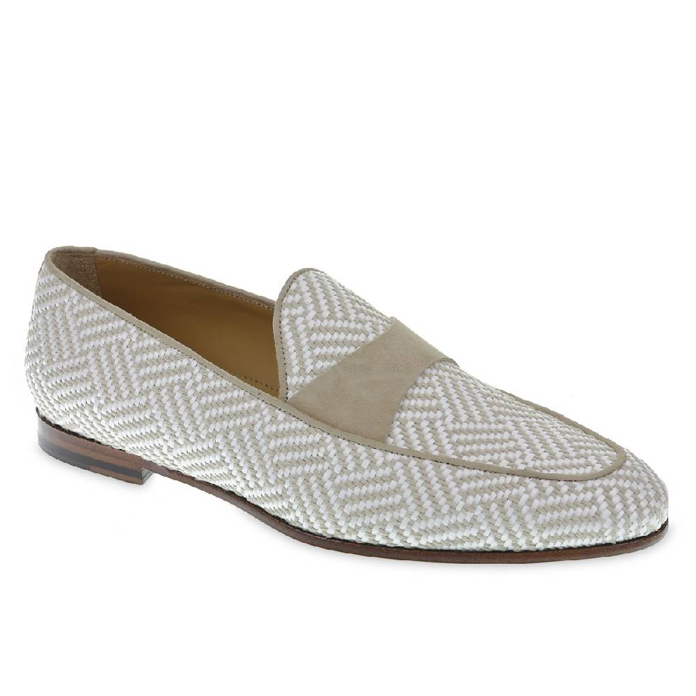 Lartigiano Del Cuoio Mocassino Penny In Camoscio E Tessuto Intrecciato Bianco E Beige