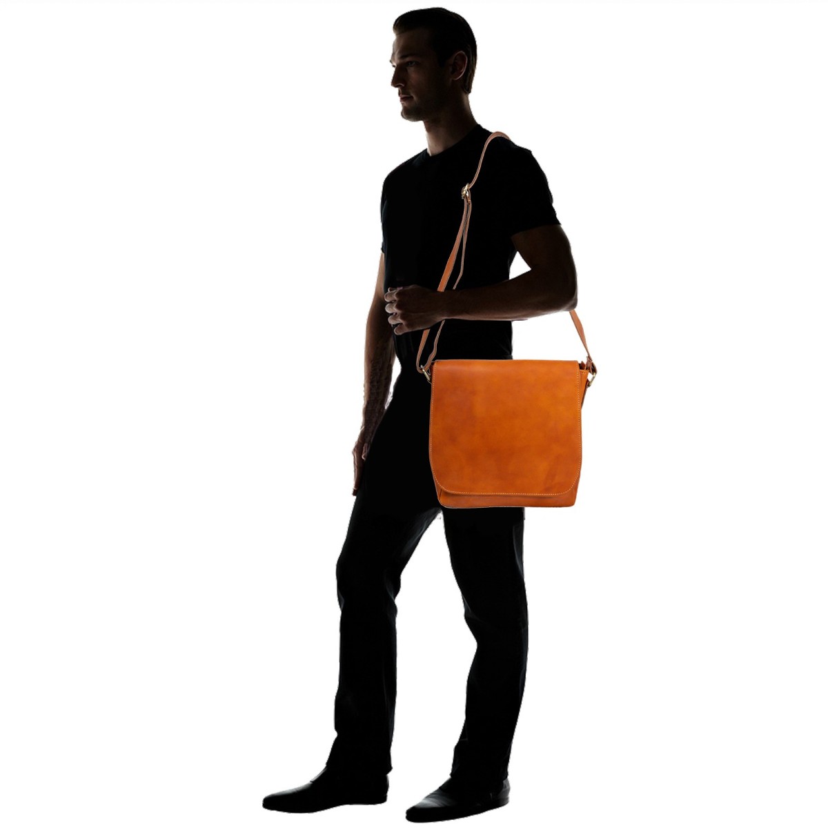 Lartigiano Del Cuoio Postina Uomo In Pelle Di Vitello Color Cuoio 100% Fatto A Mano