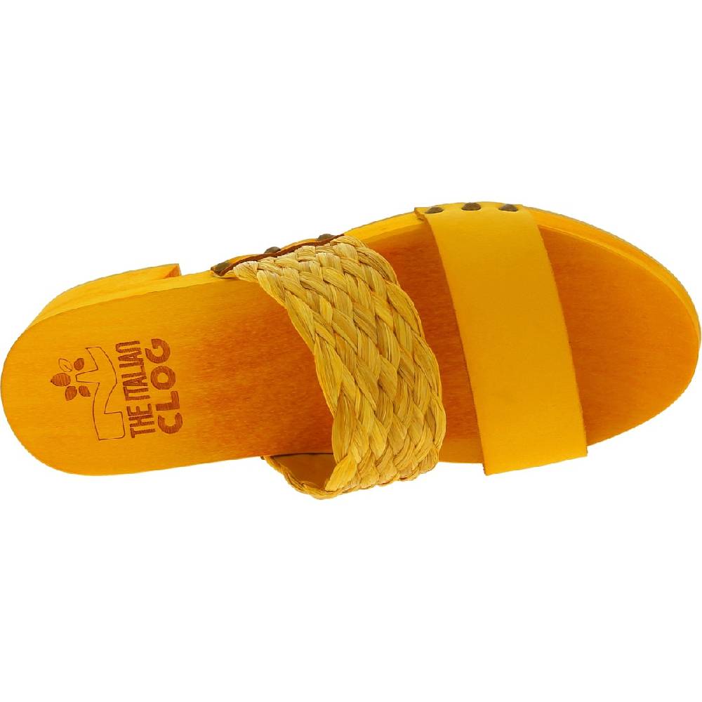 Lartigiano Del Cuoio Sabot Da Donna Giallo In Legno Artigianali Con Fascia In Rafia E Pelle