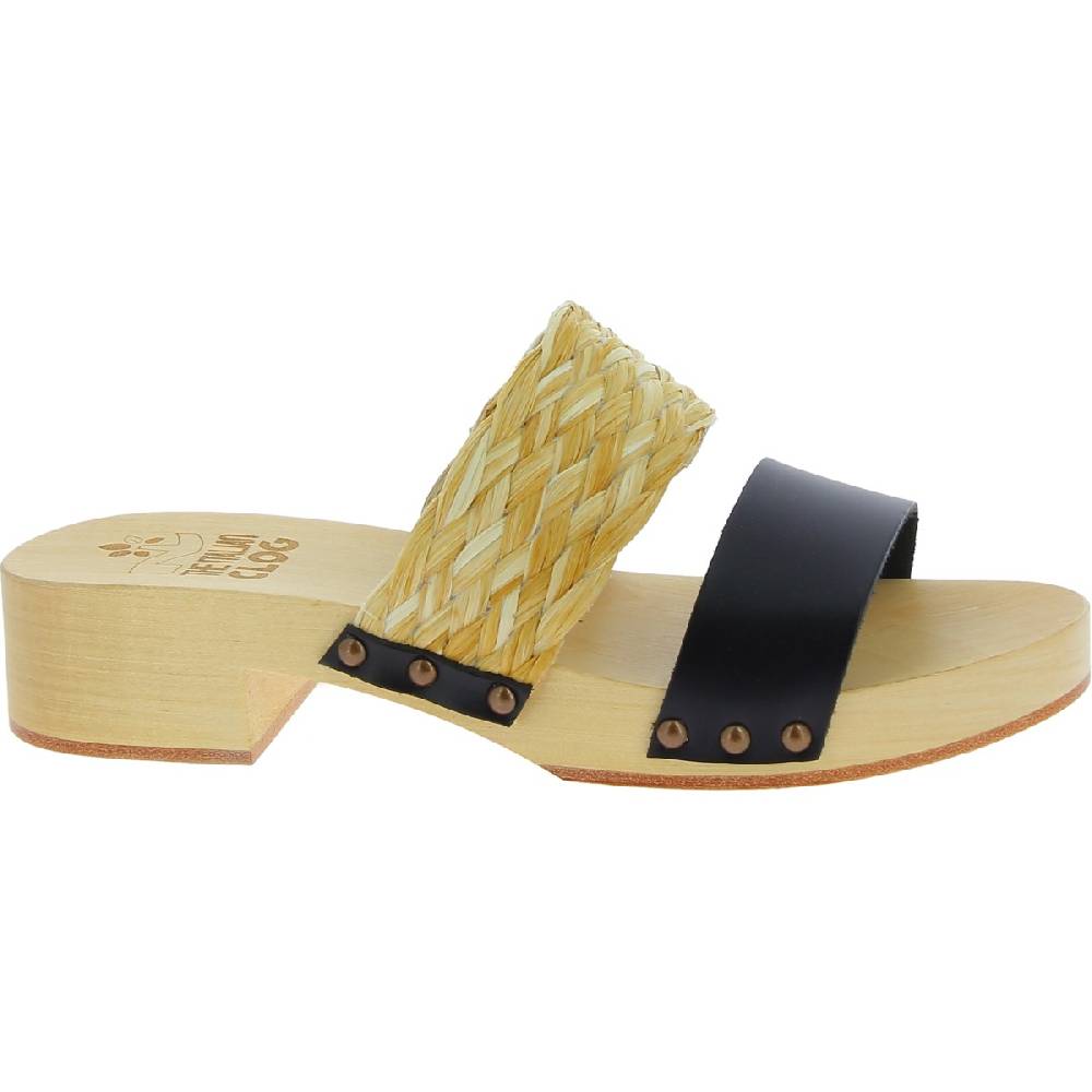 Lartigiano Del Cuoio Sabot Da Donna In Legno Artigianali Con Fascia In Rafia E Pelle Nero