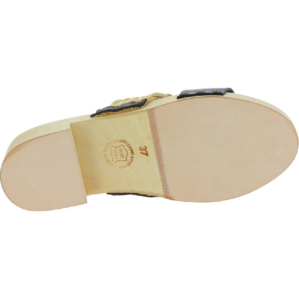Lartigiano Del Cuoio Sabot Da Donna In Legno Artigianali Con Fascia In Rafia E Pelle Nero
