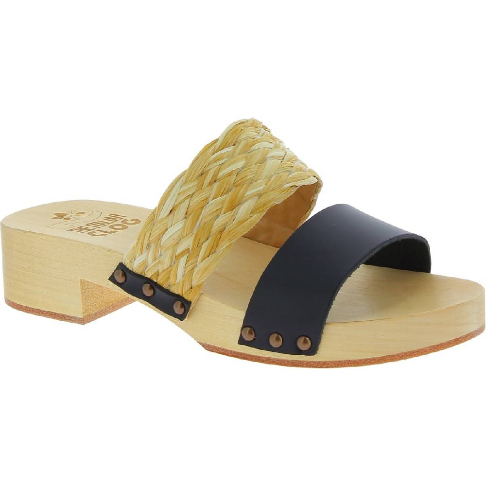 Lartigiano Del Cuoio Sabot da donna in legno artigianali con fascia in rafia e pelle nero