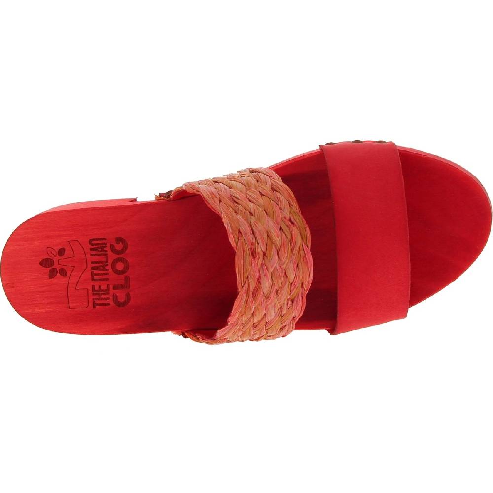 Lartigiano Del Cuoio Sabot Da Donna Rosso In Legno Artigianali Con Fascia In Rafia E Pelle