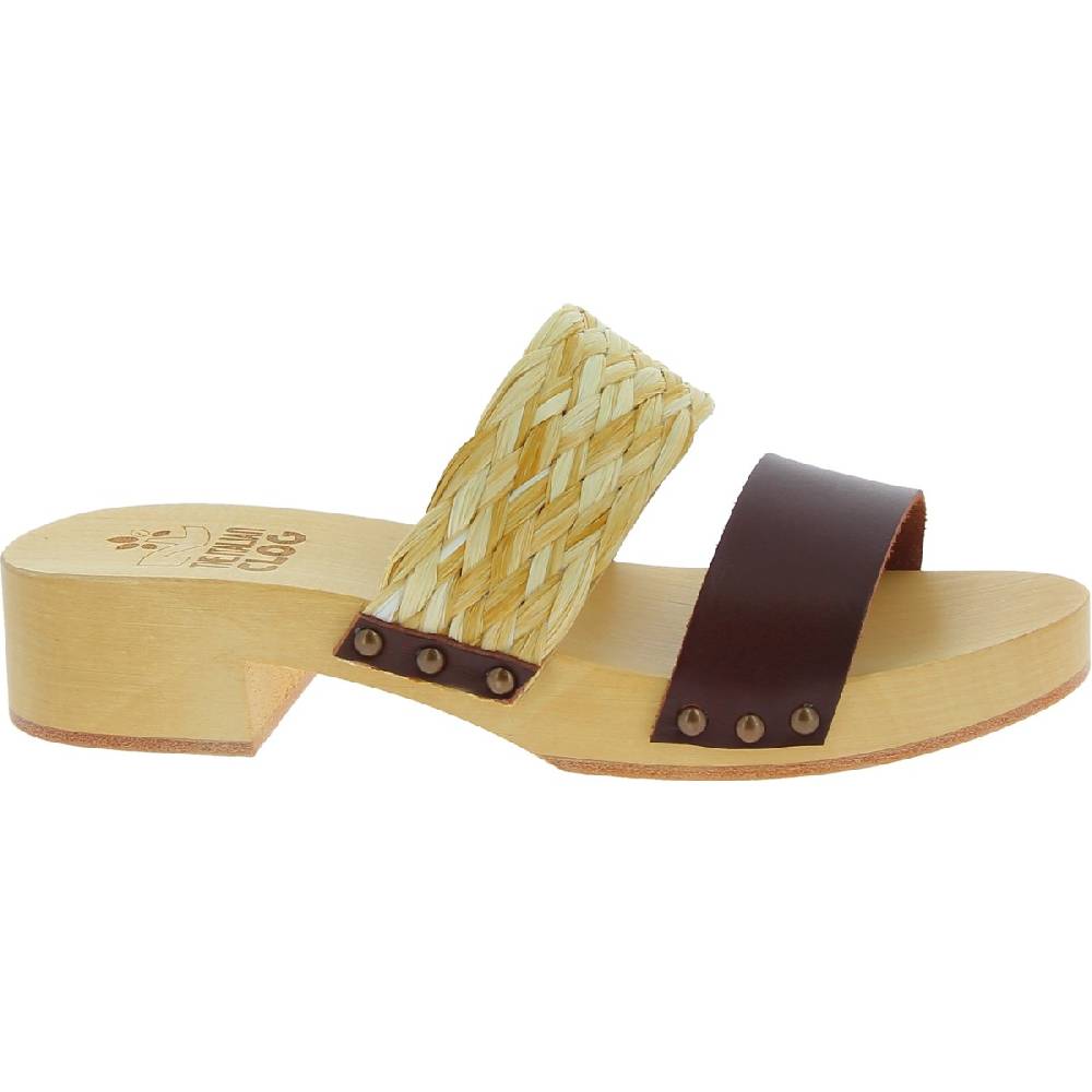 Lartigiano Del Cuoio Sabot In Legno Da Donna Artigianali Con Fascia In Rafia E Pelle Testa Di Moro