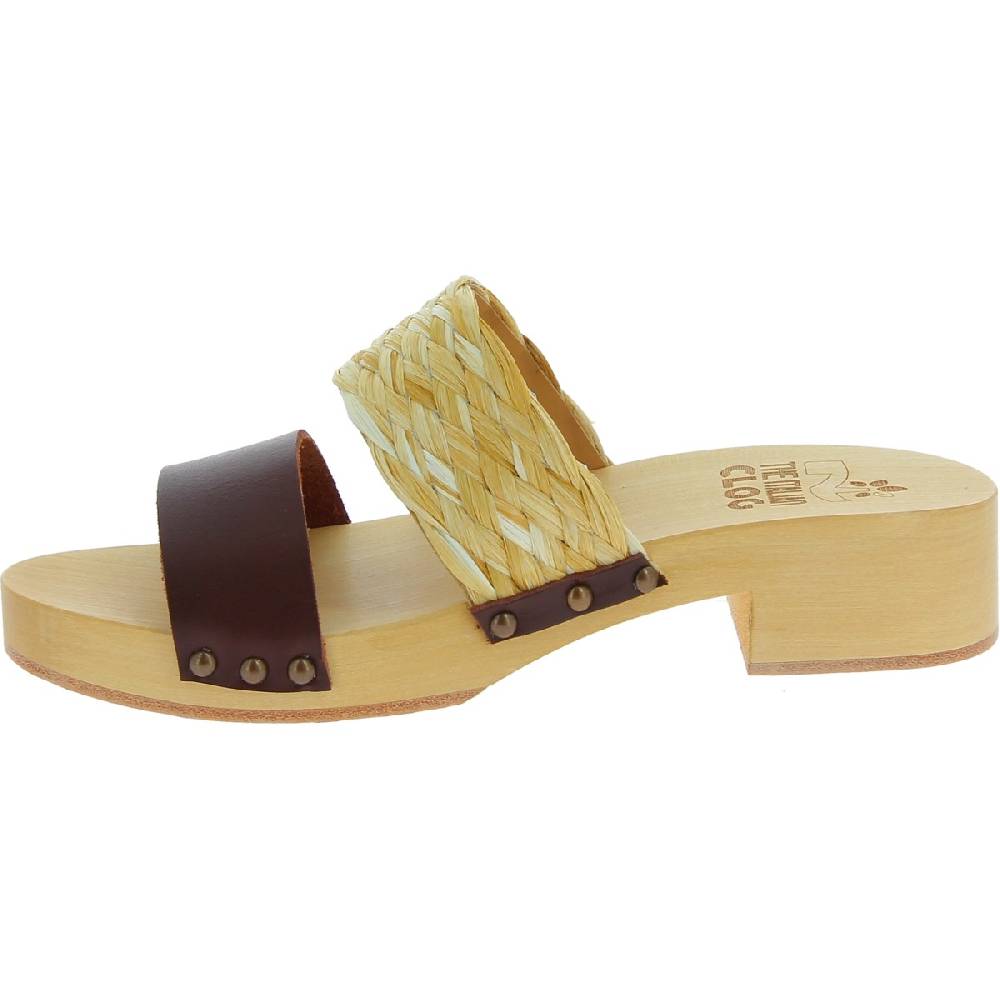 Lartigiano Del Cuoio Sabot In Legno Da Donna Artigianali Con Fascia In Rafia E Pelle Testa Di Moro