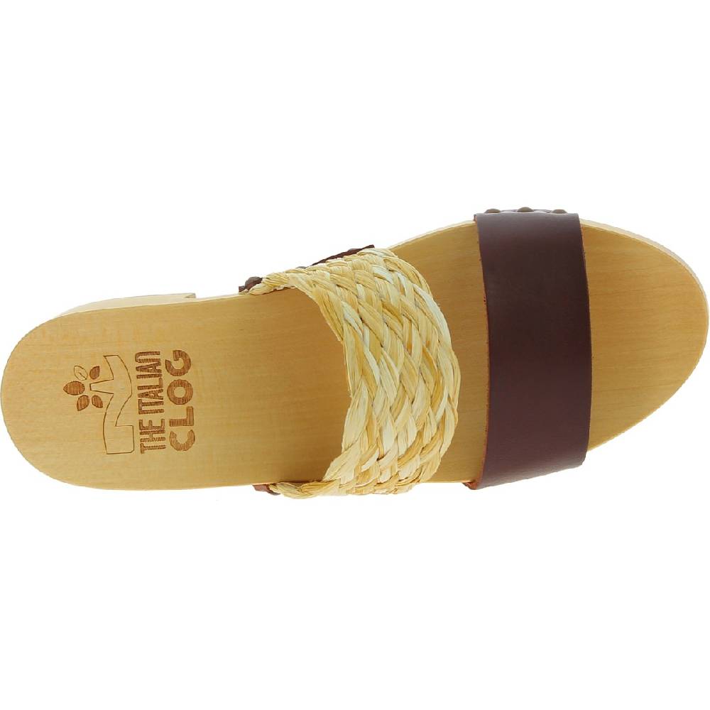 Lartigiano Del Cuoio Sabot In Legno Da Donna Artigianali Con Fascia In Rafia E Pelle Testa Di Moro