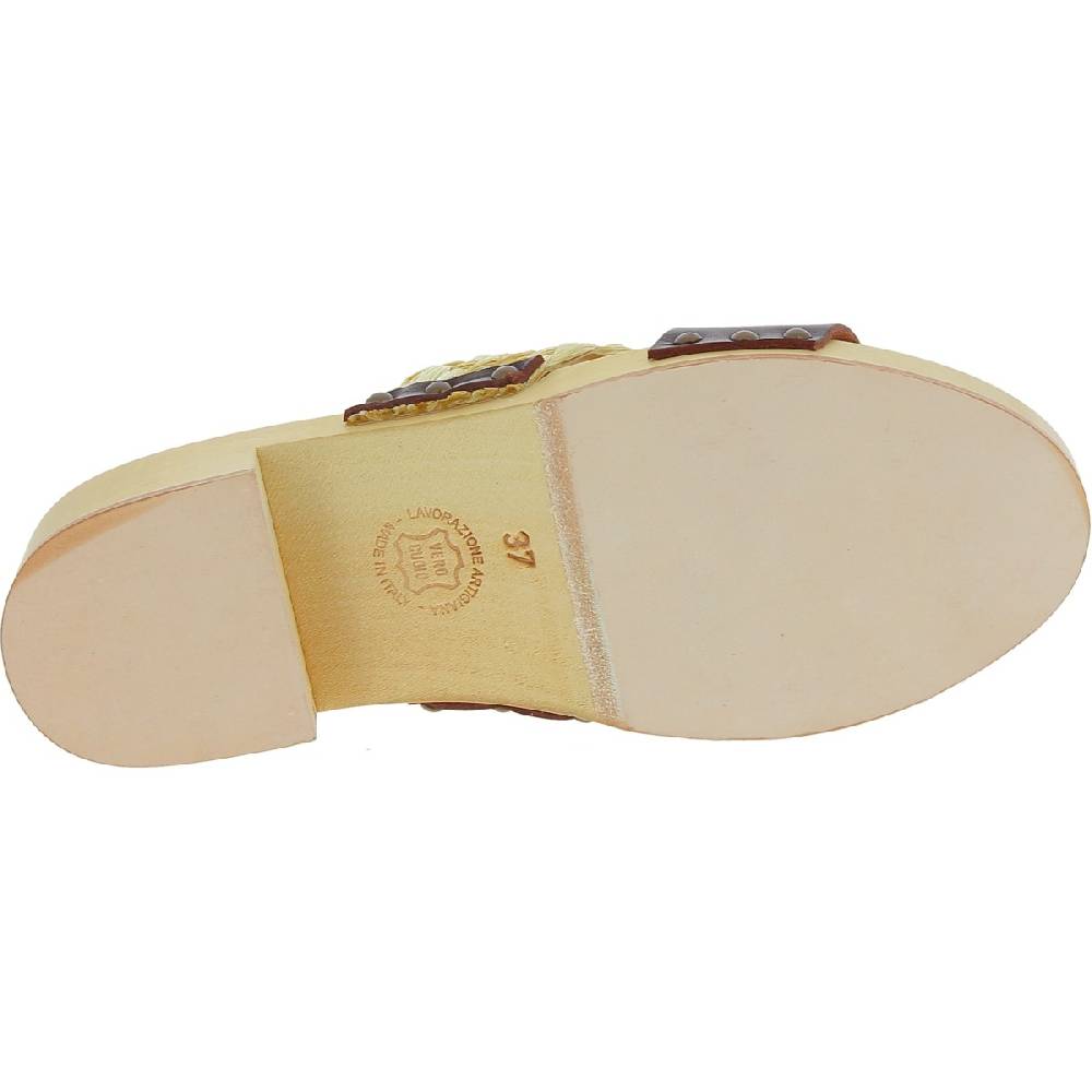 Lartigiano Del Cuoio Sabot In Legno Da Donna Artigianali Con Fascia In Rafia E Pelle Testa Di Moro