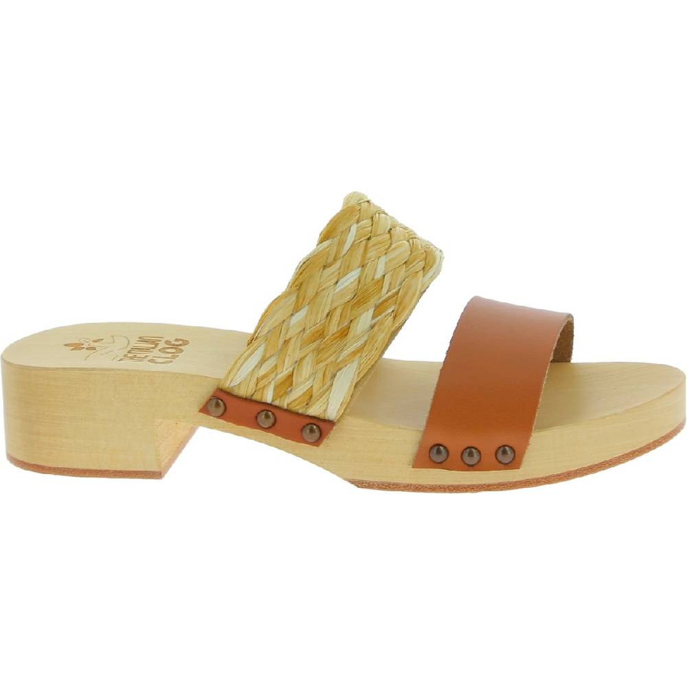 Lartigiano Del Cuoio Sabot In Legno Da Donna Artigianali Con Fascia In Rafia E Pelle Color Cuoio