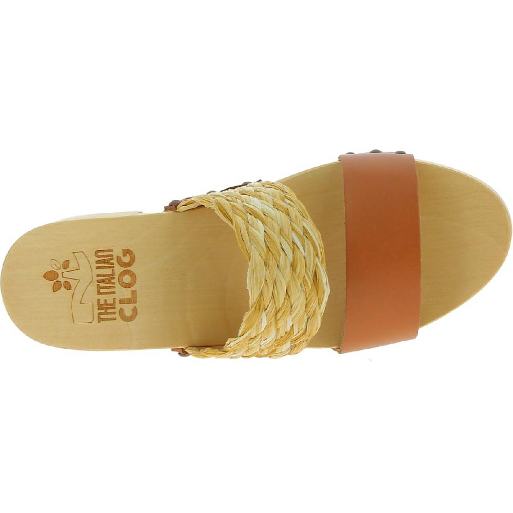 Lartigiano Del Cuoio Sabot In Legno Da Donna Artigianali Con Fascia In Rafia E Pelle Color Cuoio