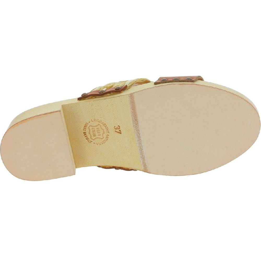 Lartigiano Del Cuoio Sabot In Legno Da Donna Artigianali Con Fascia In Rafia E Pelle Color Cuoio