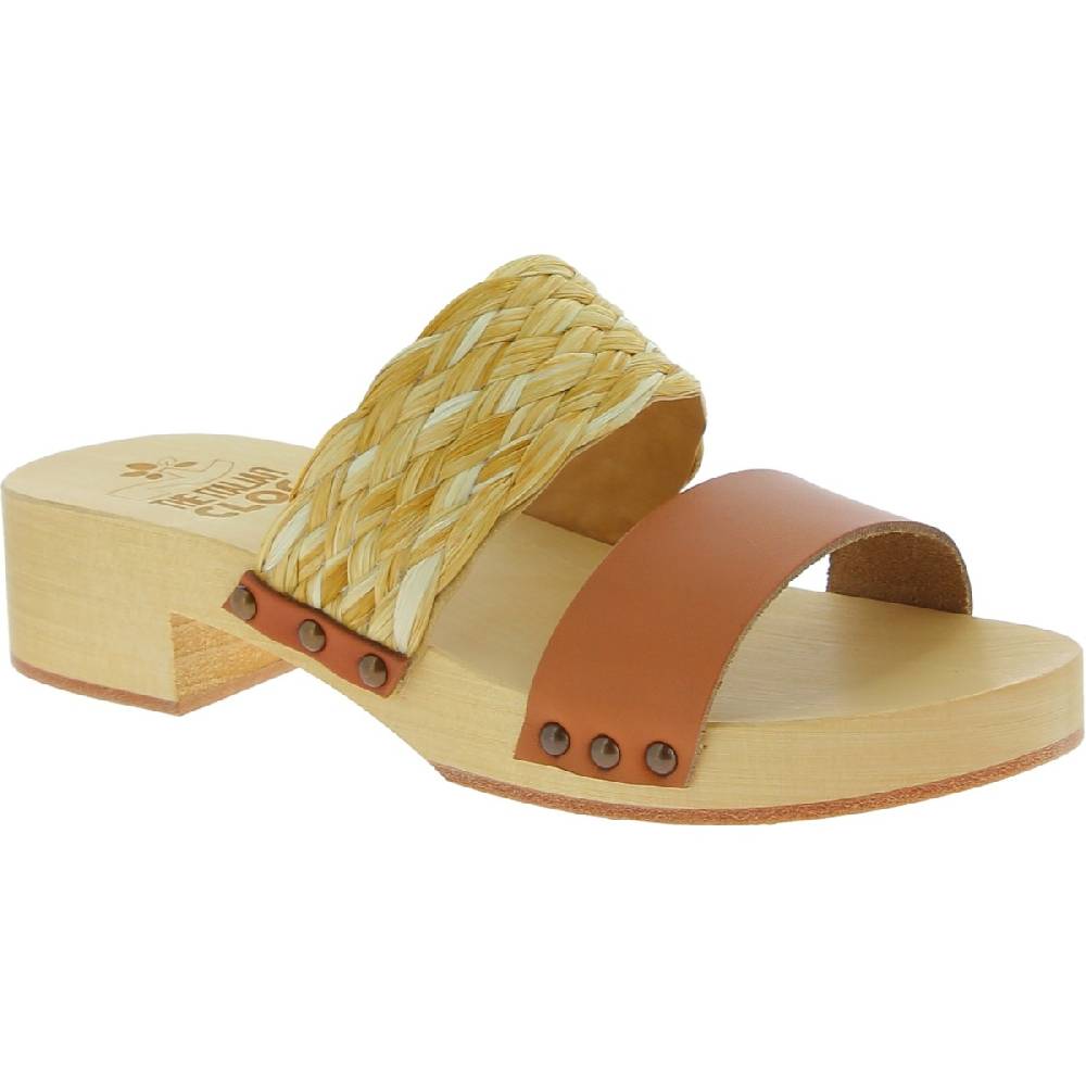 Lartigiano Del Cuoio Sabot in legno da donna artigianali con fascia in rafia e pelle color cuoio