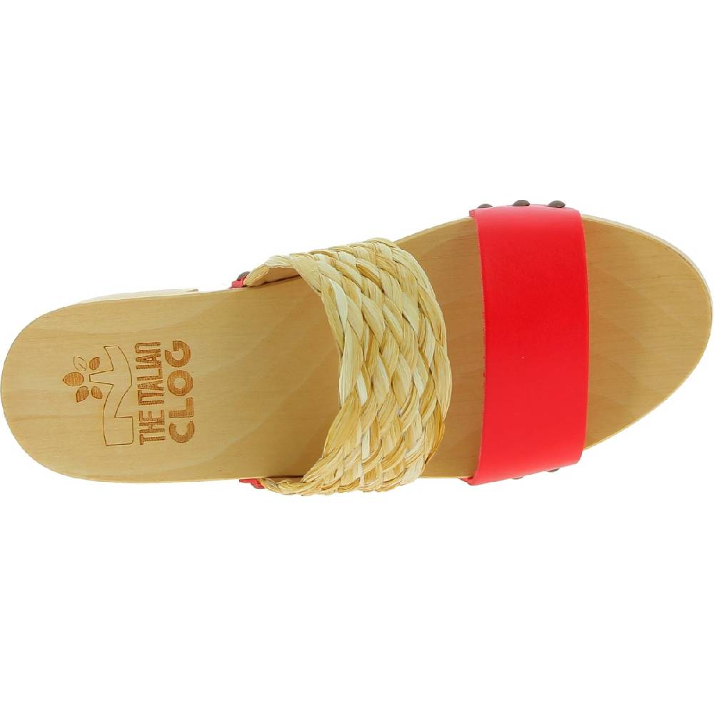 Lartigiano Del Cuoio Sabot In Legno Da Donna Artigianali Con Fascia In Rafia E Pelle Rossa