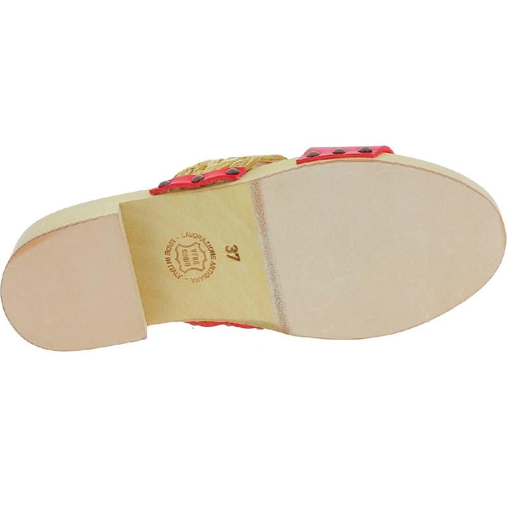 Lartigiano Del Cuoio Sabot In Legno Da Donna Artigianali Con Fascia In Rafia E Pelle Rossa