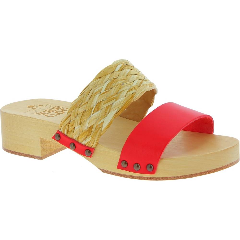 Lartigiano Del Cuoio Sabot in legno da donna artigianali con fascia in rafia e pelle rossa